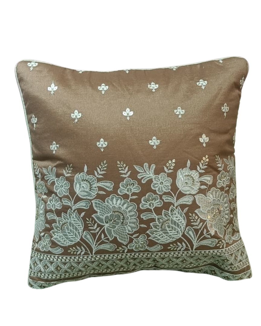 RATIOS Brown Floral Embroidered Cushion Cover with Silver Detailing