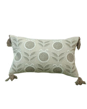 RTATIOS Hand Embroidered Lumbar Cushion Cover with Tassels – Beige Floral Design