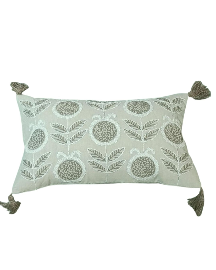 RTATIOS Hand Embroidered Lumbar Cushion Cover with Tassels – Beige Floral Design