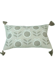 RTATIOS Hand Embroidered Lumbar Cushion Cover with Tassels – Beige Floral Design
