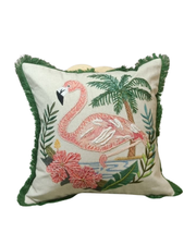 RATIOS Flamingo Embroidered Cushion Cover with Green Fringe Border