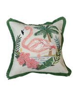 Load image into Gallery viewer, RATIOS Flamingo Embroidered Cushion Cover with Green Fringe Border