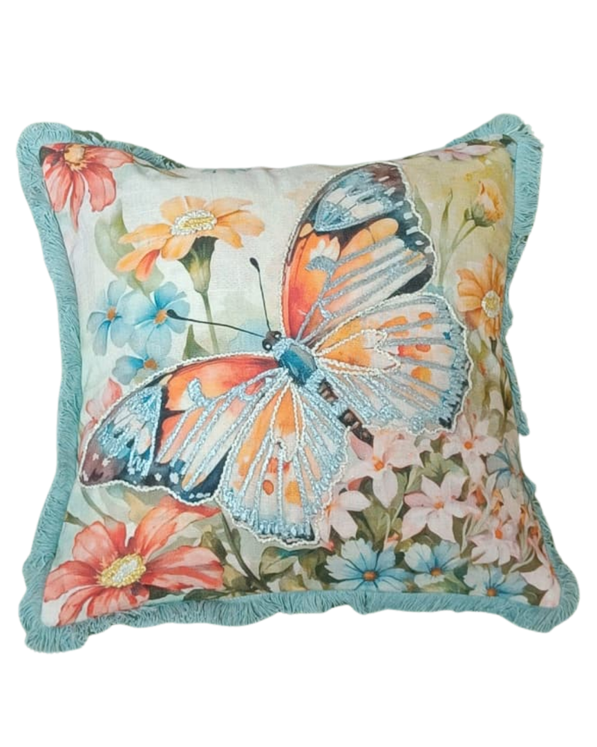 Butterfly Bloom Embroidered Cushion Cover with Aqua Fringe