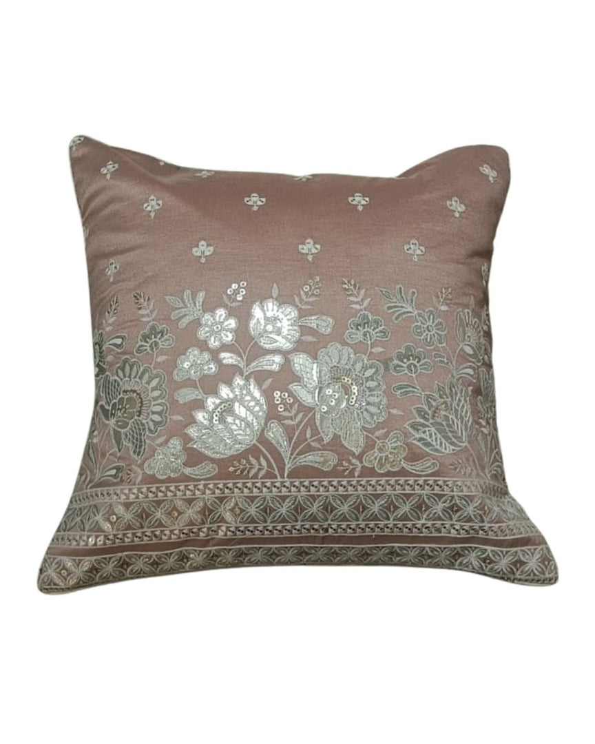 Blush Pink Embroidered Cushion Cover with Floral Border – Elegant Sofa Decor