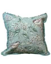 RATIOS Bird & Blossom Printed Cushion Cover with Aqua Fringe Border