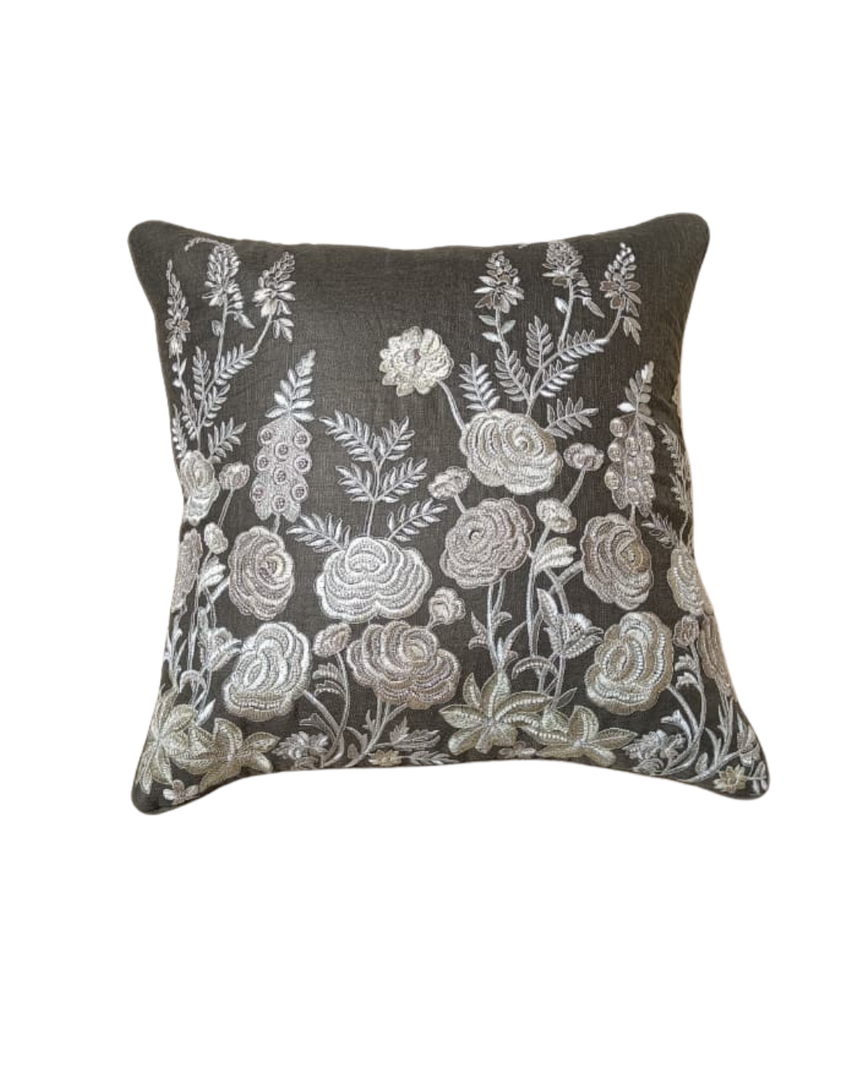 Charcoal Floral Embroidered Luxury Cushion Cover