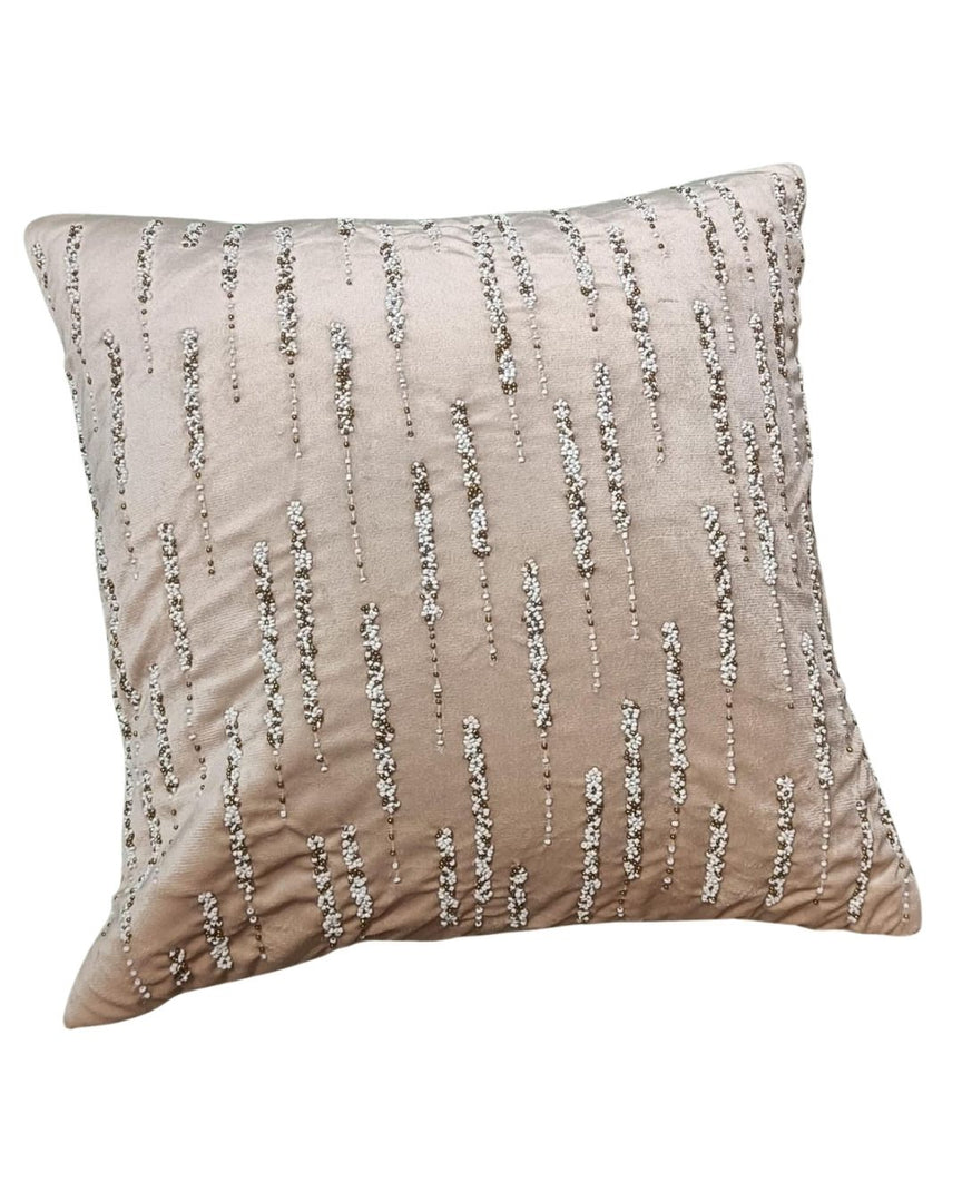 Beige Textured Cushion Cover with Vertical Sequin Lines – Elegant Sofa Accent