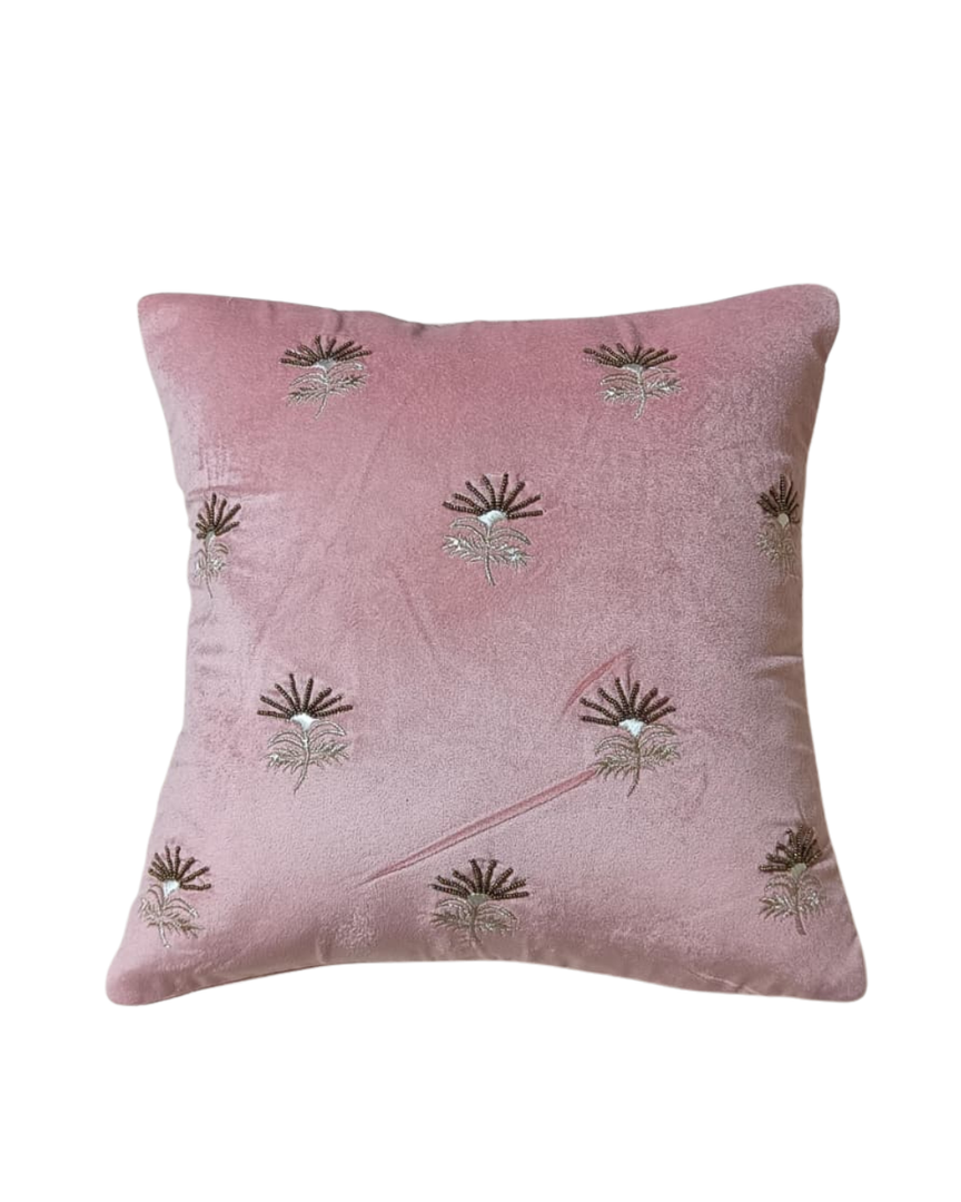 Embroidered Velvet Throw Pillow - Dusty Rose with Scattered Botanical Motif
