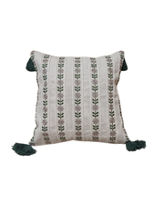 Embroidered Vertical Floral Stripe Throw Pillow with Tassels - Cream with Mauve & Green Botanical Pattern