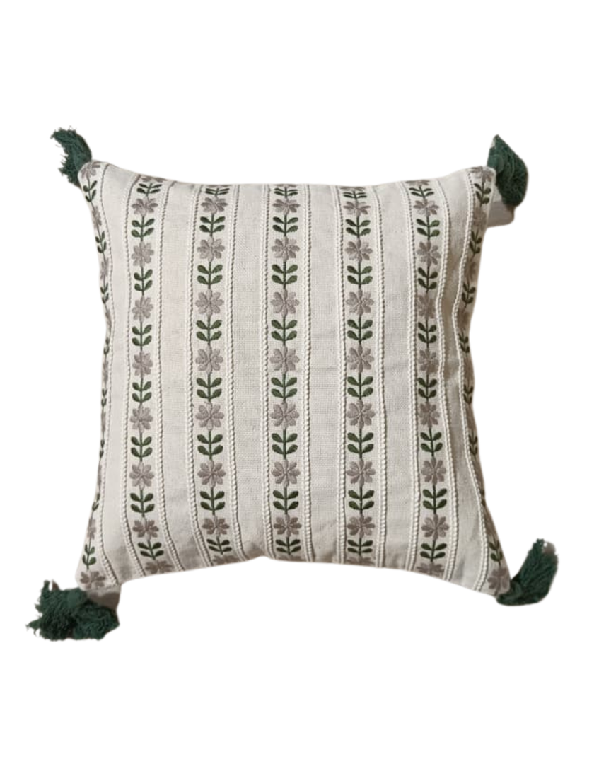 Embroidered Vertical Floral Stripe Throw Pillow with Tassels - Cream with Mauve &amp; Green Botanical Pattern