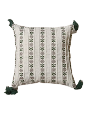Embroidered Vertical Floral Stripe Throw Pillow with Tassels - Cream with Mauve & Green Botanical Pattern