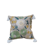 Load image into Gallery viewer, Embroidered Floral Garden Throw Pillow with Tassels - Beige with Green &amp; Yellow Botanical Design