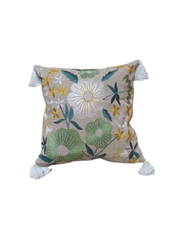Embroidered Floral Garden Throw Pillow with Tassels - Beige with Green & Yellow Botanical Design