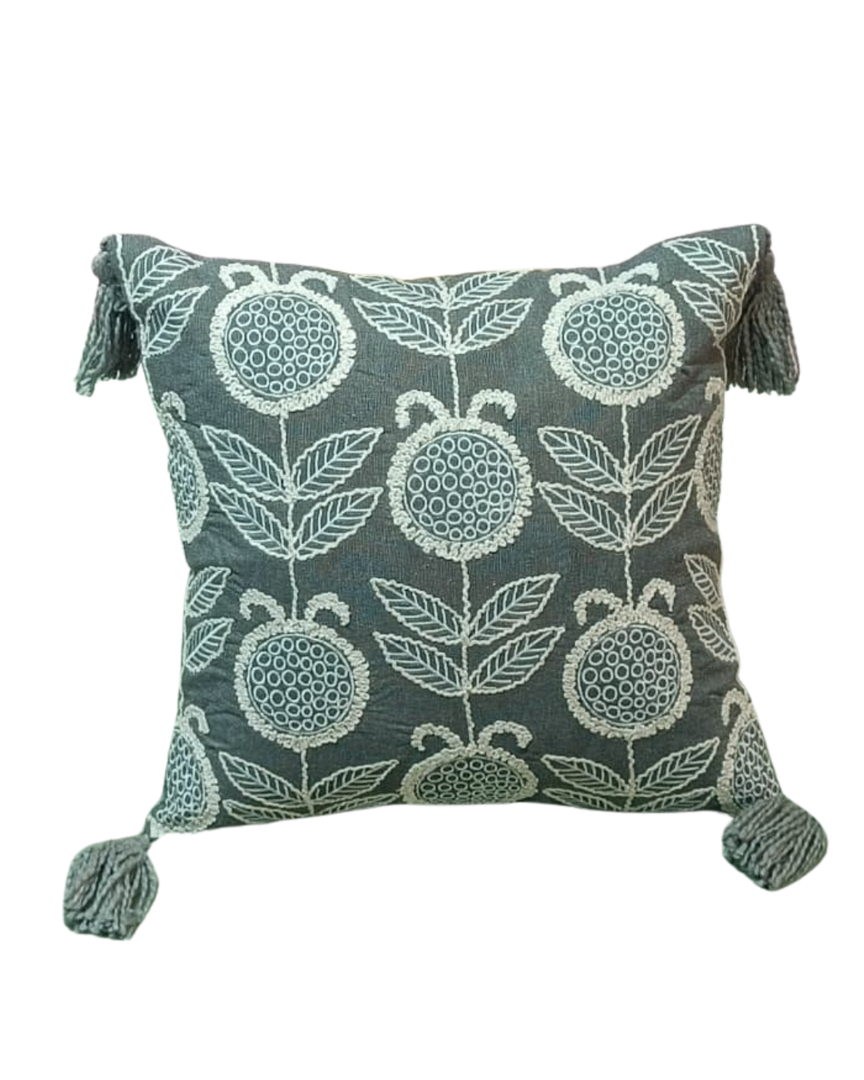 Embroidered Floral Tassel Cushion Cover – Grey