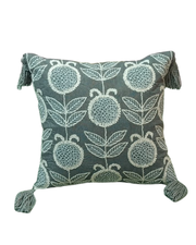 Embroidered Floral Tassel Cushion Cover – Grey