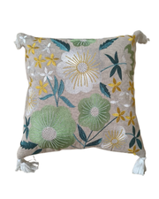 Embroidered Floral Garden Throw Pillow with Tassels - Beige with Green & Yellow Botanical Design