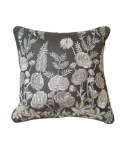 Embroidered Floral Garden Throw Pillow - Charcoal Gray with White Botanical Design
