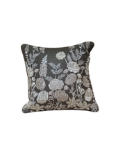 Embroidered Floral Garden Throw Pillow - Charcoal Gray with White Botanical Design
