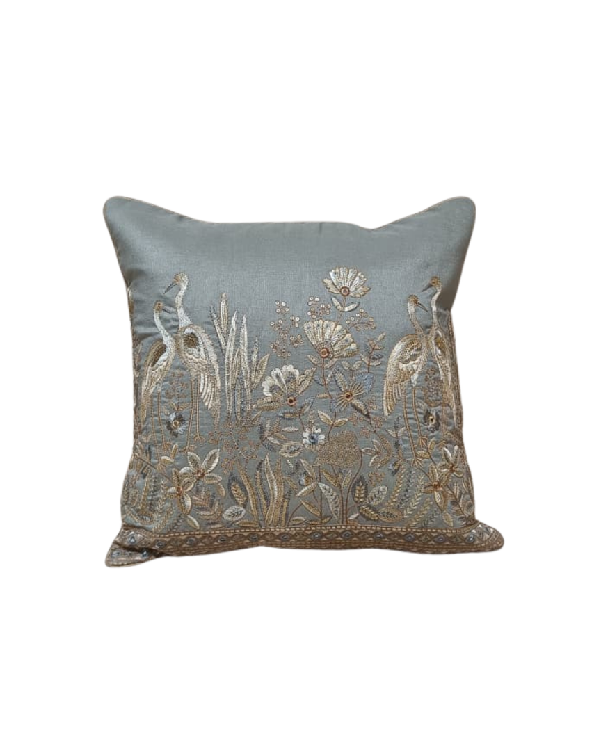 Heritage Aviary Embroidered Cushion Cover – Blue Mist