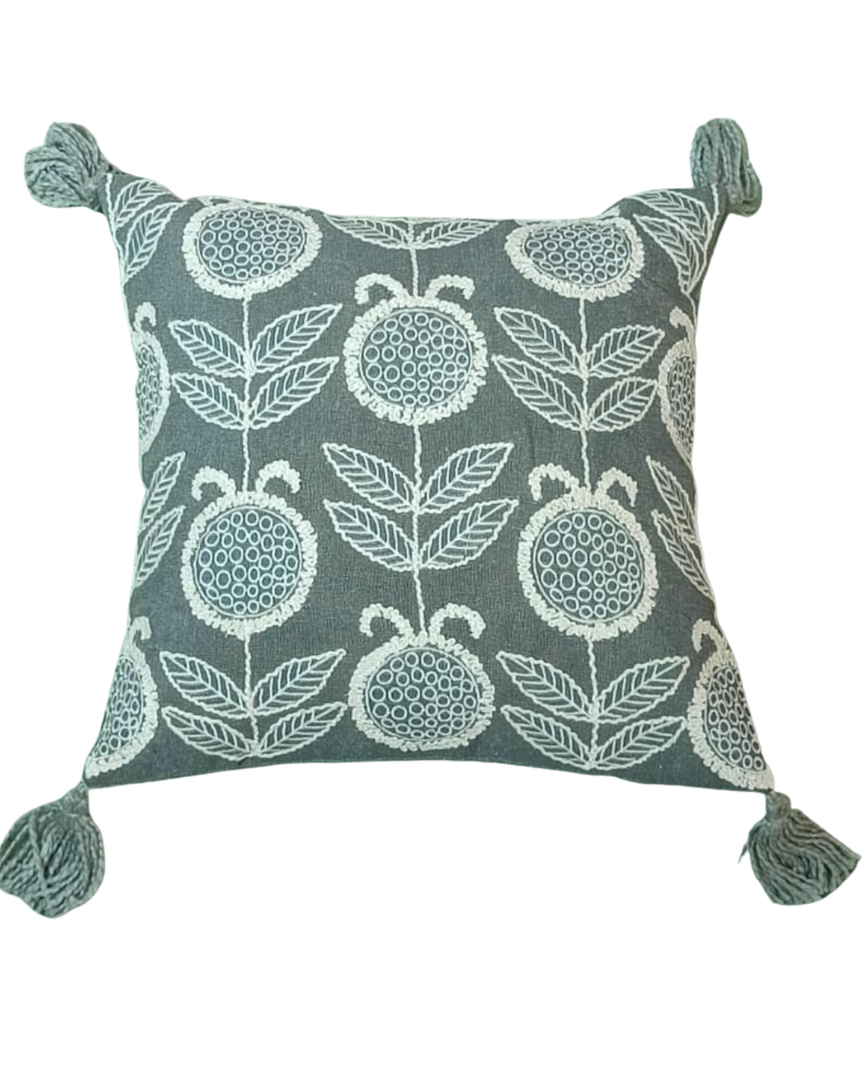 Embroidered Floral Tassel Cushion Cover – Grey