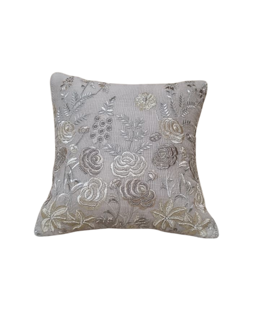 Silver Bloom Embroidered Cushion Cover