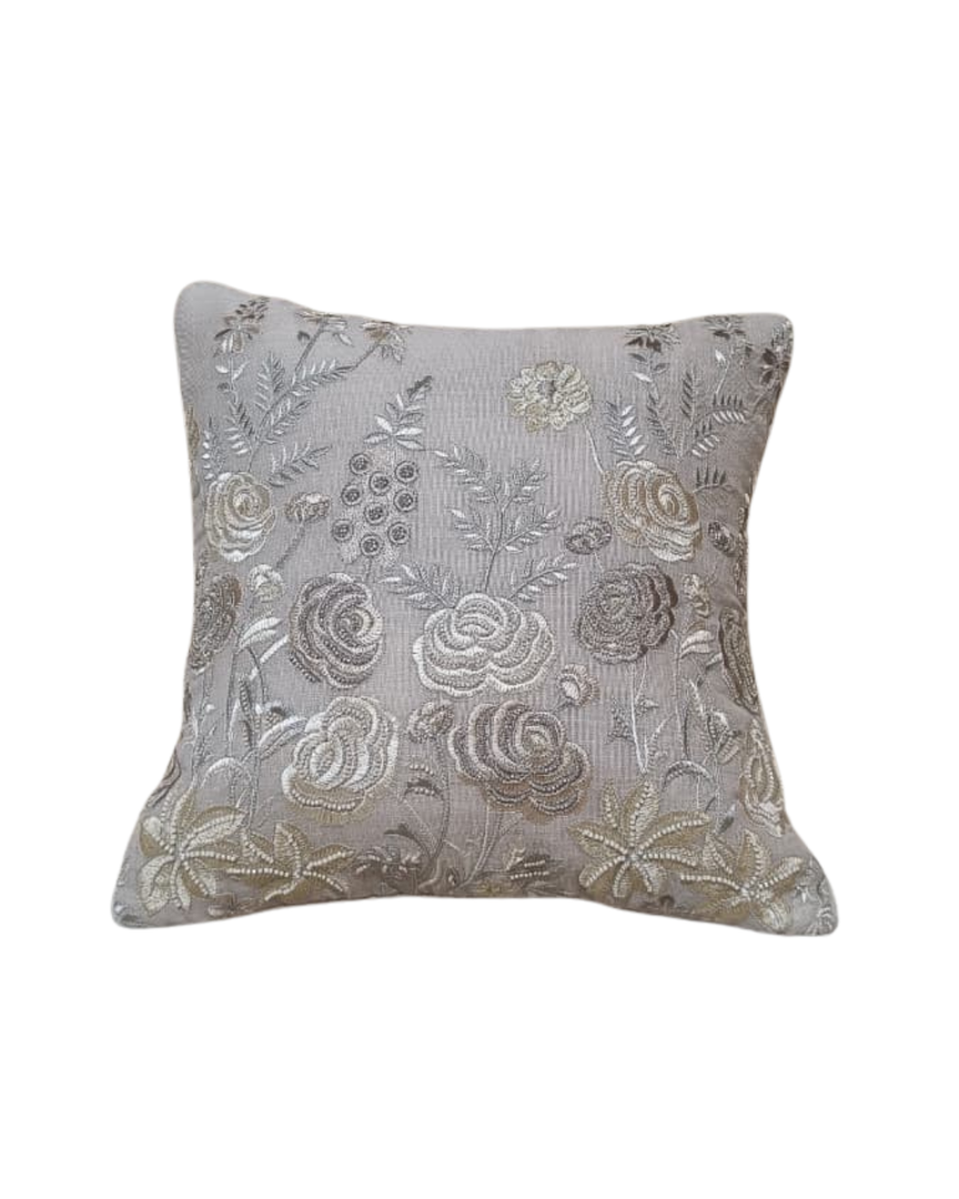 Silver Bloom Embroidered Cushion Cover