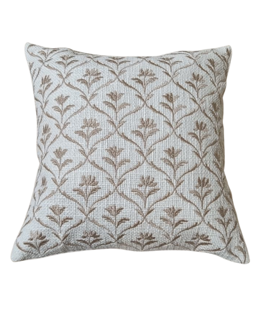 Botanical Lattice Woven Cushion Cover – Soft Ivory & Taupe