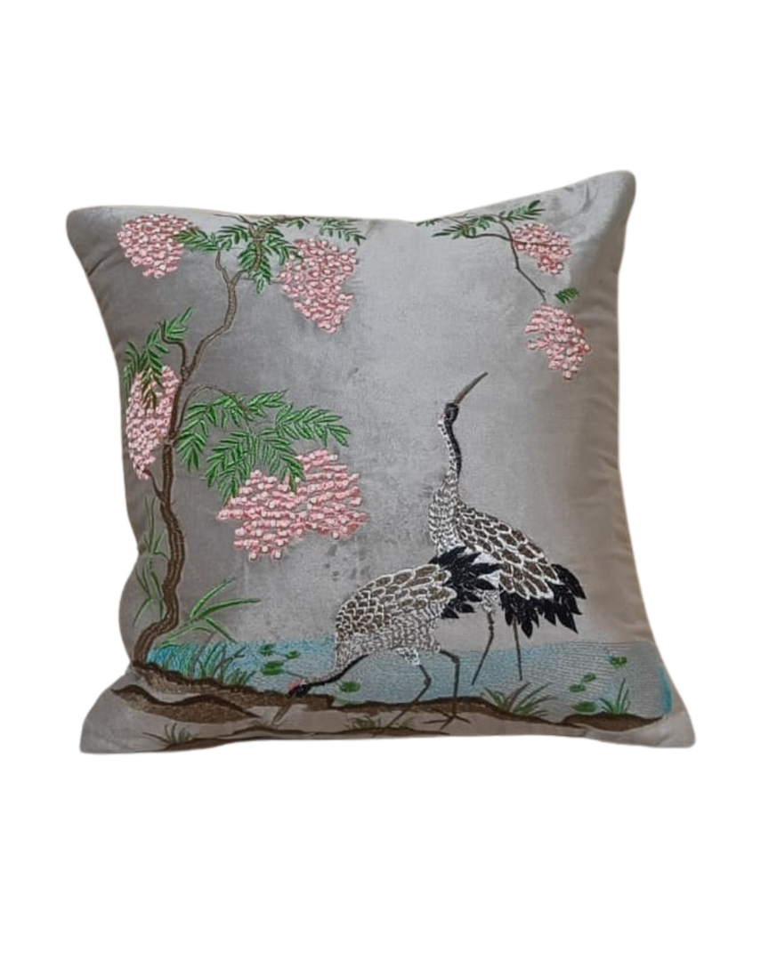 Oriental Crane Embroidered Cushion Cover – Stone Grey