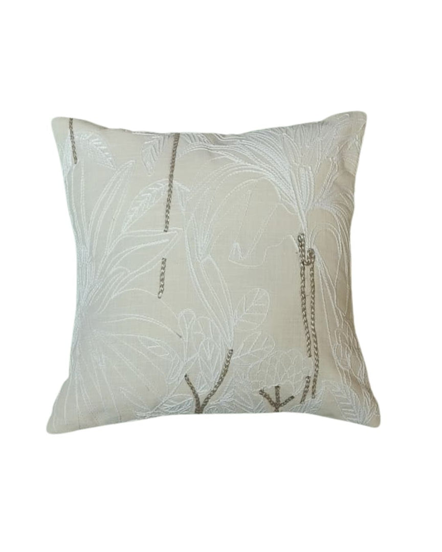 RATIOS White Embroidered Cushion Cover with Botanical Leaf Design & Subtle Sequin Accents