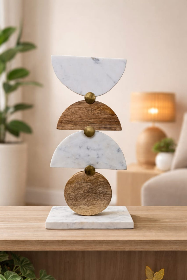 Geometric Balance Marble & Wood Decorative Sculpture