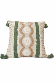 Boho Handwoven Textured Cotton Cushion Cover with Tassels – Earthy Green