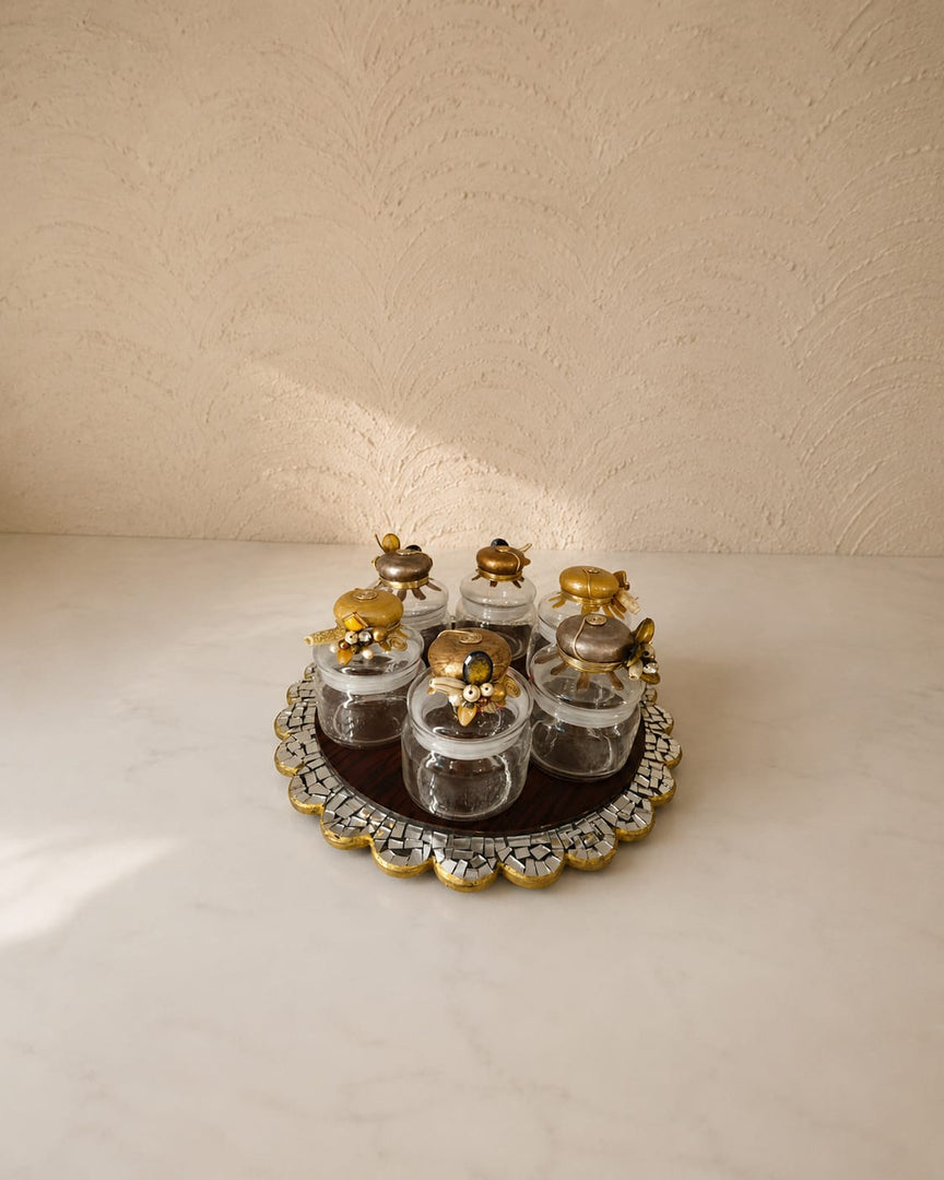 Handcrafted Decorative Glass Jar Set with Embellished Lids (Set of 6) | Luxury Kitchen Storage Jars