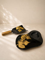 Load image into Gallery viewer, Midnight Leaf Ceramic Serving Platter Set with Wooden Handle – Black &amp; Gold