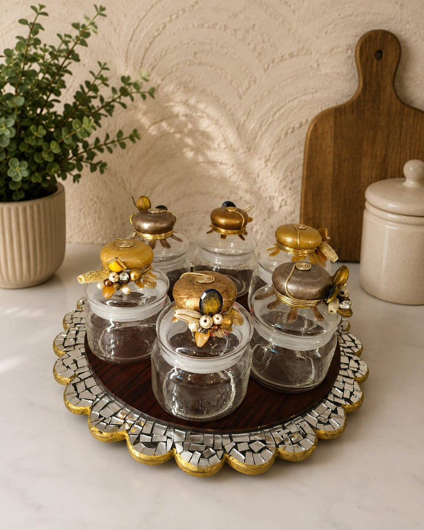 Handcrafted Decorative Glass Jar Set with Embellished Lids (Set of 6) | Luxury Kitchen Storage Jars