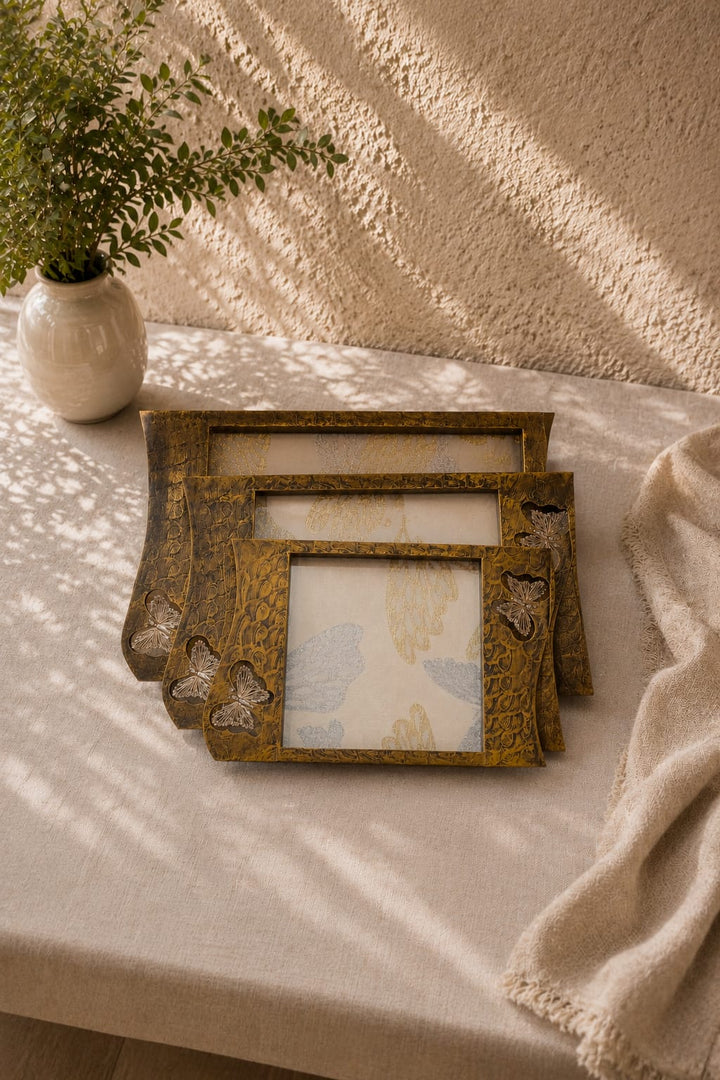 Antique Butterfly Wooden Photo Frame Set (Set of 3) – Rustic Gold
