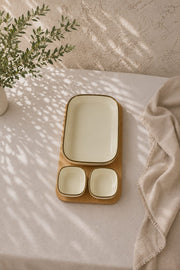 Ivory Ceramic Serving Set with Bamboo Tray – 3 Pieces