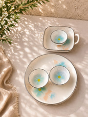Azure Bloom Ceramic Dinnerware Set – White & Sky Blue Floral
