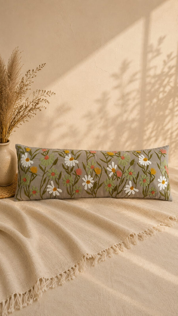 Wildflower Meadow Embroidered Lumbar Cushion Cover – Taupe Floral