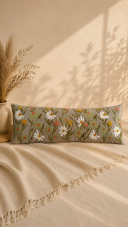 Wildflower Meadow Embroidered Lumbar Cushion Cover – Taupe Floral