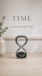 Load image into Gallery viewer, Modern Chrome Glass Hourglass with Black Sand | Luxury Decorative Sand Timer