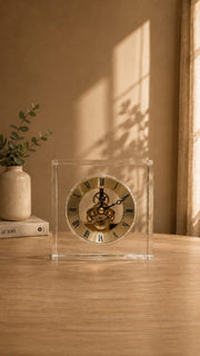Luxury Crystal Skeleton Table Clock – Gold Roman Dial