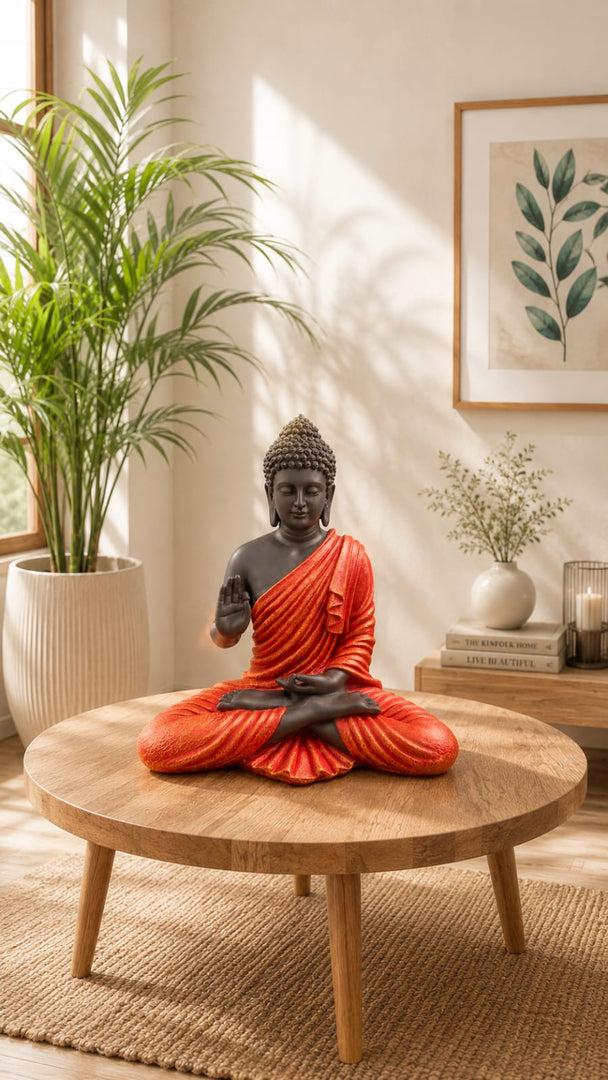 Meditating Buddha Statue in Saffron Robe | Premium Resin Spiritual Home Décor