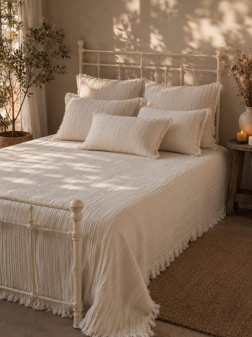 Ivory Elegance Crinkle Cotton Bedcover Set with Tassel Fringe