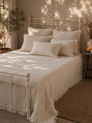 Ivory Elegance Crinkle Cotton Bedcover Set with Tassel Fringe
