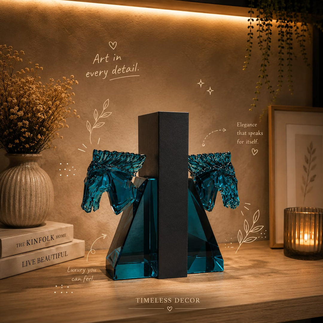 Luxury Blue Crystal Horse Bookend Set – Premium Decorative Book Holders