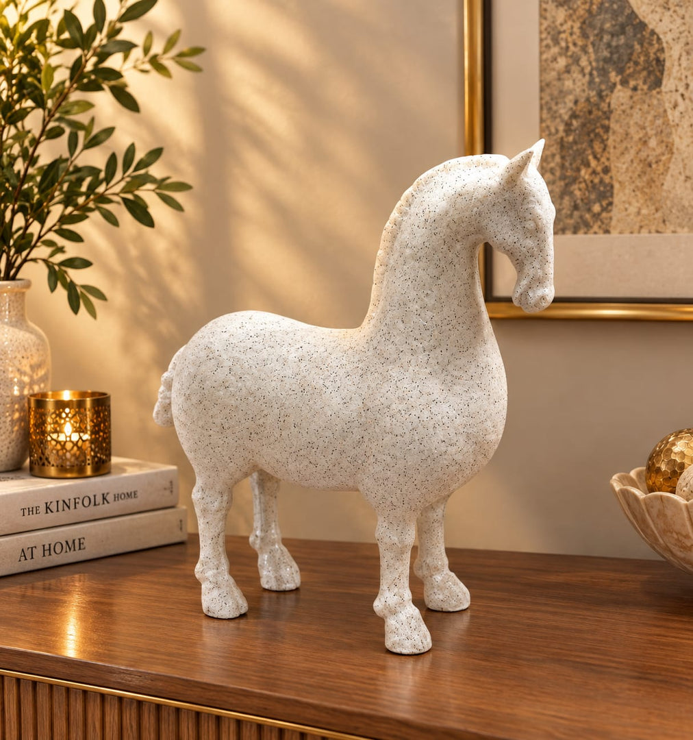 Artisan Speckled Equine Accent Sculpture | Decorative Standing Horse Figurine (Cream)