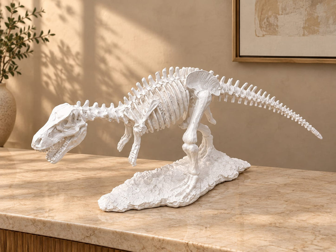 Modern Minimalist Dinosaur Skeleton Fossil Sculpture | Decorative T-Rex Figurine (Matte White)