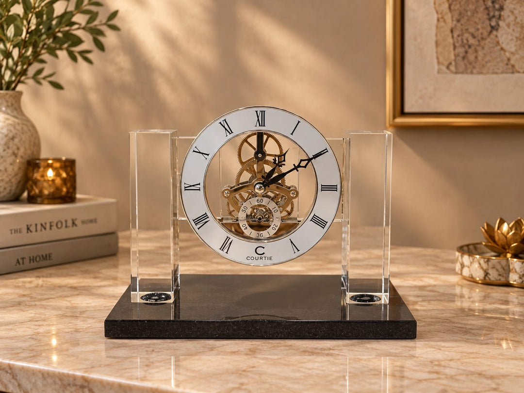 Crystal Pillar Tabletop Clock | Modern Luxury Desk & Mantel Clock
