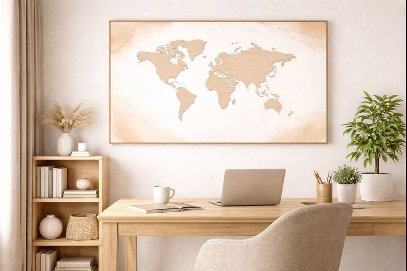 Minimal World Map Wall Art – Modern Office & Home Décor
