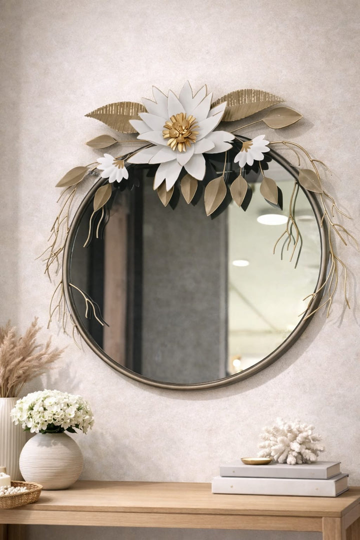 ✨ Floral Gold Accent Round Wall Mirror